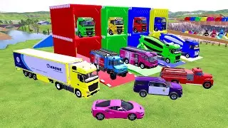 TRANSPORTING COLORFUL CONTAINER, MIXER TRUCK, KARA TRUCK, MERCY POLICE CARS, AMBULACE, FS22