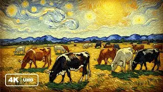 4K Van Gogh Masterpiece: Borderless Canvas Art - Cattle Grazing (Aged Patina, Full Bleed)