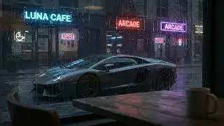 Lamborghini in Pouring Rain &bull; Cozy Cafe View &bull; Neon Reflections 4K Background