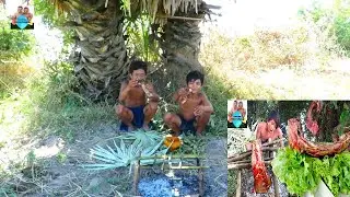 Primitive Technology cooking pork ribs in recipe and eating delicious in jungle #059
