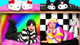 غرف سرية تحت السرير مع Wednesday Addams | مرحة تزيين أفكار BaRaFun Challenge