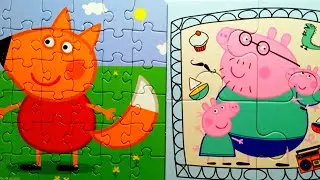 Peppa pig and brother together with dad.Freddy the fox cub.Let's put the puzzle together, friends.