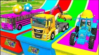 Double Flatbed Trailer Truck rescue Bus Long Cars vs Funny Cars and Big & Small Mcqueen Tractor #505