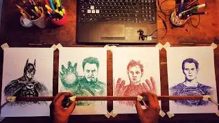 Drawing Four different faces at a same time | Batman Vs Ironman Vs Spiderman Vs Superman