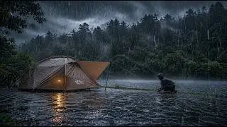 🌧️🌲 NONSTOP HEAVY RAIN | COZY SOLO CAMPING BY THE LAKE ☕⛈️