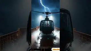 A rescue helicopter making a rough emergency landing on the wet deck of a ship at night, heavy rain
