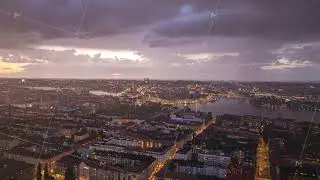 Aerial hyperlapse views of the breathtaking Stockholm skyline during twilight, showcasing dramatic