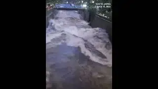 Floodwater gushes down Tokyo's Meguro River