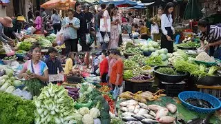 Cambodian Street Market in Evening - Plenty Fresh Fruit, Vegetable, Fresh Seafood & More @Orussey