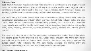 Global Cobalt Metal Industry Overview 2016: Market Share, Supply Demand and Forecasts 2020