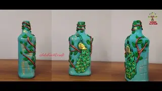 Peacock Bottle art - DIY | Clay art on Glass bottle | bottle art | Lakshiartandcraft