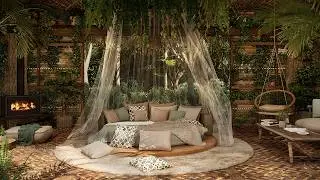 Cozy Tropical Forest Ambience🌿Fire Crackling, Gentle Wind Chimes, Rustling Leaves and Nature Sounds