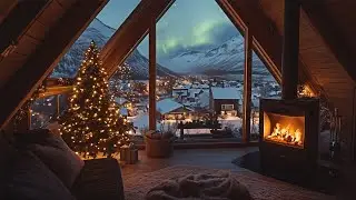 A Cozy Christmas Night From An A-Frame In Iceland🎄 Snowfall Winter Ambience With Crackling Fireplace