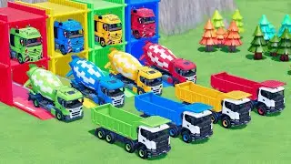 TRANSPORTING COLORED MIXER TRUCK, DUMP TRUCK, MERCEDES, SCANIA, RENAULT WITH FLATBED TRAILER TRUCK