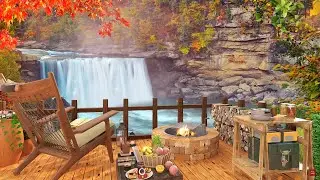 Autumn Waterfall Cafe Ambience By Alley Music ☕ Relaxing Jazz Piano Music for Study/Work