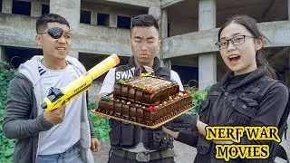 Nerf War Movies: BIRTHDAY CAKE BATTLE | Couple SWAT Nerf Guns Competition Robbers Group