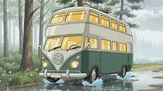 Family road trip in the bus house during rainy season | Studio Ghibli Style