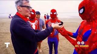 Hombres Ara&ntilde;a en la costa: panaderos disfrazados para ayudar