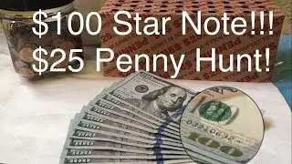 Coin Roll Hunting $25 Penny Box & Currency Search - BU 1958D Wheatie & $100 Star Note