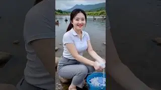 Beautiful Village Girl Washing Clothes by a Peaceful Lake