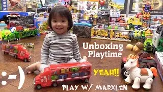 Toddlers and Kids' Toys: Red Toy Truck Car Carrier Unboxing and Playtime w/ Marxlen