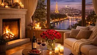 🎷🔥 Romantic Evening Jazz | Cozy Fireplace & City Lights Ambience | Wine, Roses & Soft Jazz