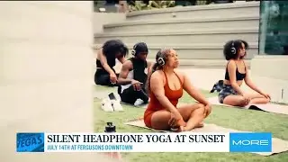 Silent headphone yoga at sunset