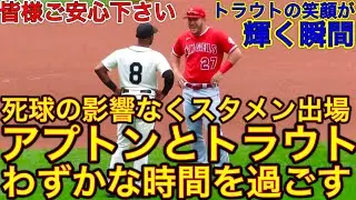 楽しそうなトラウトの笑顔‼︎【トラウト＆アプトン】大谷翔平選手の元同僚アプトンが頭部死球を受け心配されたもののスタメン出場！トラウトと笑顔の談笑が見られました。現地映像6月18日