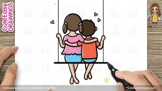 How to Draw an Elder Sister and Brother on a Swing | Siblings Cute Easy Drawings