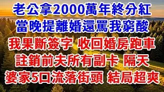 老公拿2000萬年終分紅，當晚提離婚還罵我窮酸，我果斷簽字，收回婚房跑車、註銷前夫所有副卡，隔天婆家5口流落街頭 結局超爽！#思妤說故事#為人處世#生活經驗#情感故事#晚年哲理#說故事#完結#原創故事