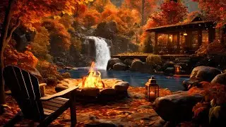 Soothing Sounds of Autumn Lake Ambience, Crackling Fire, Waterfall, and Crunching Leaves