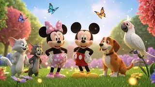 🌸🐭 Mickey, Minnie, Tom & Jerry with White Cat, Butterfly, Parrot & Dog &ndash; Garden Magic Fun! 🦋🐶🕊️✨