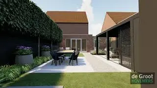 16253 | De Groot Hoveniers | 3D Ontwerp | Achtertuin met modern buitenverblijf en leibomen