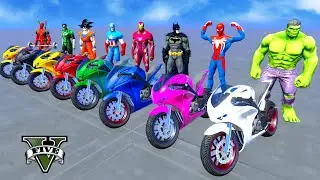 GTA V SPIDER-MAN RACING MOTORBIKES Racing Challenge on Beach Ramp With SUPERHEROES HULK, GOKU CARS