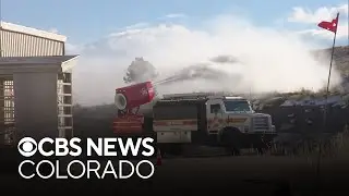 Boulder-based company Team Wildfire demonstrates jet engine used to spray fire retardant over area