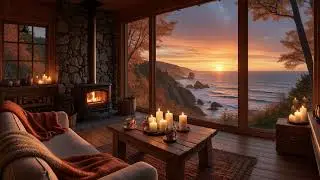 Fall Ocean Sunset 🌅🌊 | Cozy Coastal Cabin Fireplace Ambience for Relaxation