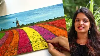 How to paint Tulip fields - Acrylic painting #WithMe | Tutorial for Beginners