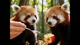 The red panda is eating an apple.
