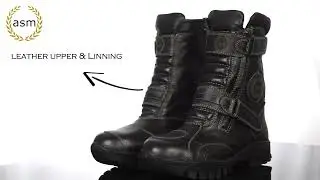 BIKER BOOTS : BLACK LEATHER WATERPROOF BOOTS WITH STEEL TOE, HEAVY DUTY RUBBER SOLE.