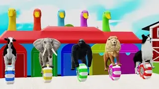 5 Giant Duck Cartoon, Cow, Elephant, Lion, Dinosaur, Paint Wild Animals Crossing Fountain Animation