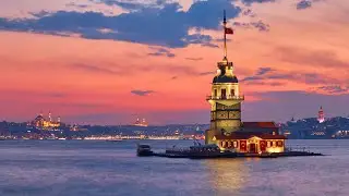 Drone view of the unique Maiden Tower (Kız Kulesi) in Istanbul in the Bosphorus Strait in Turkey.