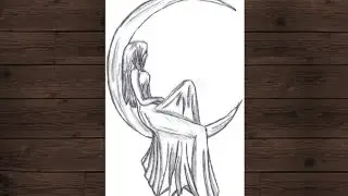 How to draw a girl sitting on moon - Pencil Drawing for beginners