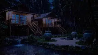 Невероятный уют ночью: дождь по бамбуковой крыше у реки и водопада | ASMR