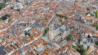Bruges, Belgium. Cathedral of St. Salvator - 14th-century cathedral with a Gothic tower. Panorama...