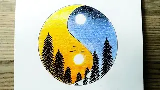 رسومات | رسم منظر طبيعي الليل والنهار بالالوان الخشبية للمبتدئين خطوة بخطوة | رسم سهل | تعليم الرسم