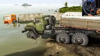 C4320 and C522 Trucks River Crossing Spintires FLood Map Logitech G29 Gameplay UHD 4K60