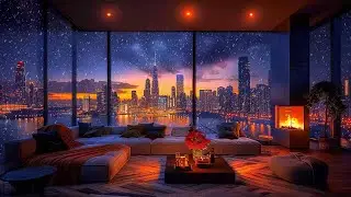 Cozy Winter Luxury Living Room | Fireplace Ambience & Panoramic Skyline View 4K