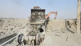Process of Breaking & Crushing Big Rocks into Crushed Stone: Wheel Loader & Excavator in Action