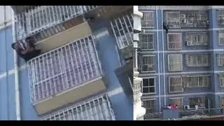 Man climbs up five stories to rescue toddler dangling by his head from window grille
