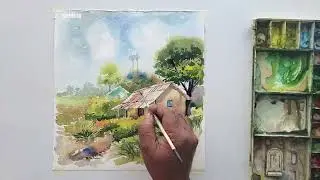 village landscape watercolor painting demo